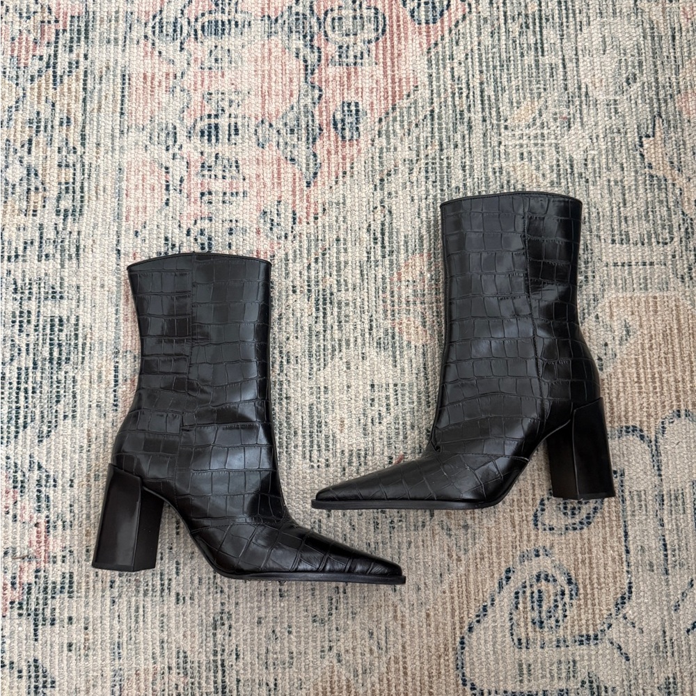 SCHUTZ Black Croc-Embossed Pointed Toe Mid-Calf Heeled Boots